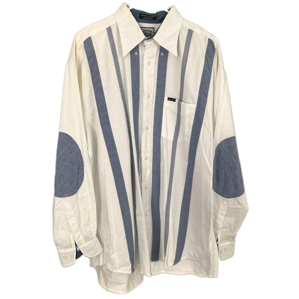 Vtg Faconnable Shirt Mens XL White Blue Stripe Long Sleeve Elbow Patch Cotton